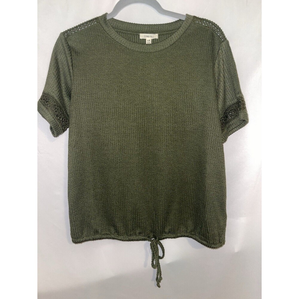 Como Blu Shirt Pullover Cinch Tie Waist Floral Cut Out Short Sleeve Women’s L